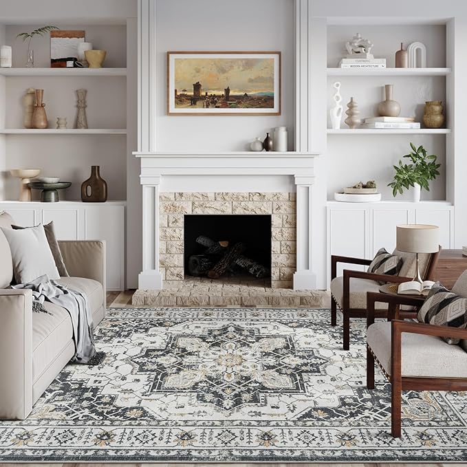 zesthome 5x7 Area Rugs, Machine Washable Rugs for Living Room, Bedroom,Stain Resistant Vintage Large Area Rug,Non-Slip Medallion Pattern Home Decor Rugs (Black,5'x7')
