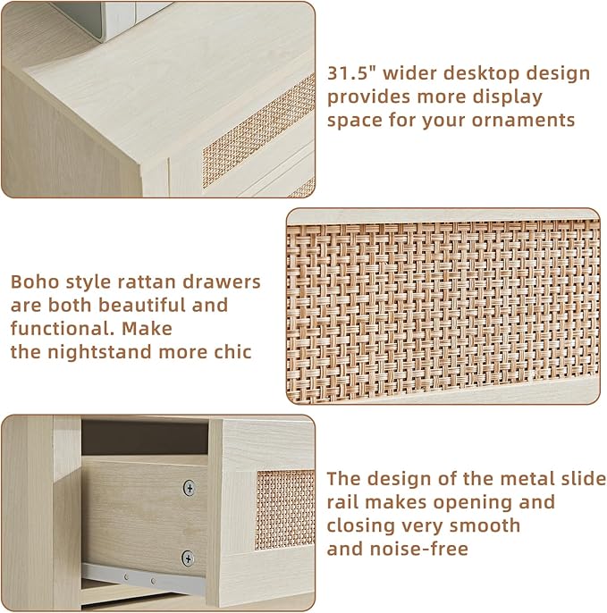 LEYAOYAO 31.5" Wide Rattan Nightstand, Large Boho 3 Drawer Night Stand, Grey White Bedside Table with Storage, Tall Bed Side End Tables, Chest of Drawers Dressers for Bedroom, Living Room, Hallway