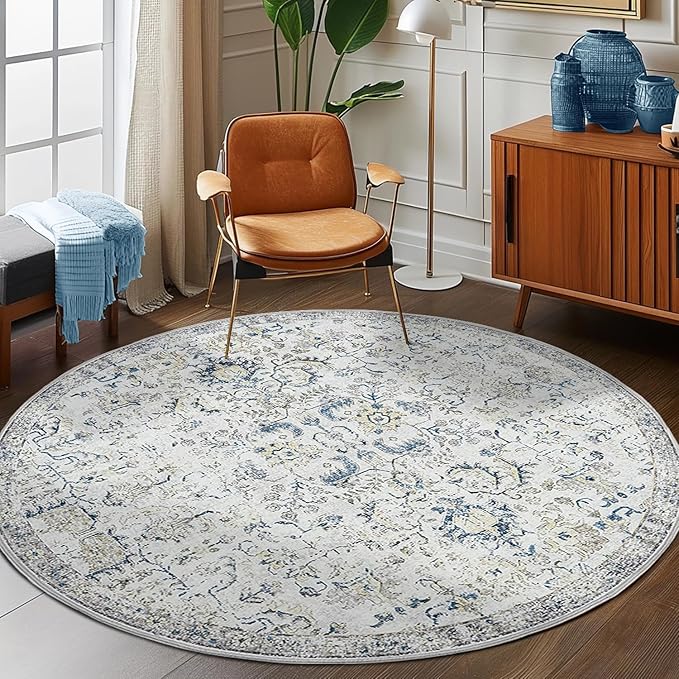 jinchan Kalen Round Rug 8ft Area Rug Washable Vintage Indoor Retro Accent Floor Cover Distressed Floral 8' Round Circle Boho Non Slip Thin Carpet for Living Room Dining Room Bedroom Kitchen Blue
