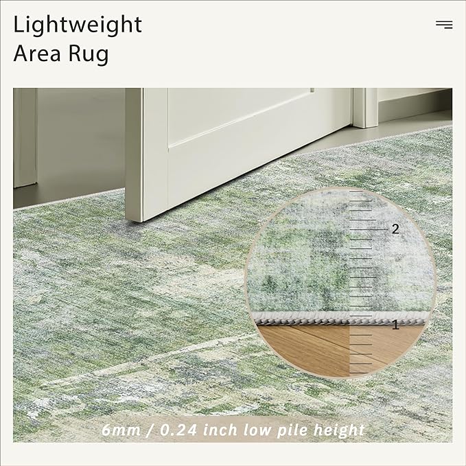 9x12 Area Rugs for Living Room, Non-Slip Machine Washable Vintage Rugs, Abstract Low Pile Lightweight Large Rug for Bedroom, Dining Room, Home Office Green Ivory