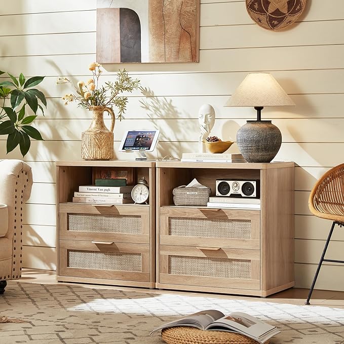 LEYAOYAO Rattan Dresser and Nightstand Sets 3 Piece, Boho Wood Dresser for Bedroom with 6 Drawers and Night Stand with Charging Station, Bedroom Furniture, Dressers & Chests of Drawers, Living Room