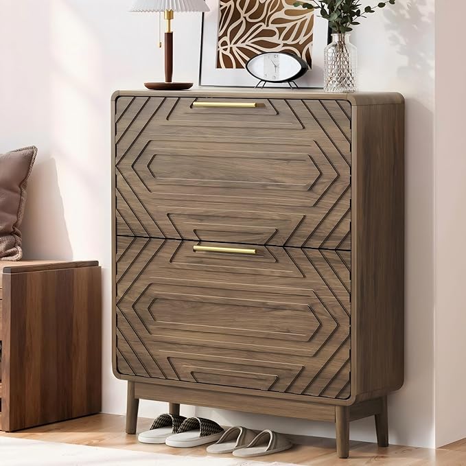Shoe Storage Cabinet with Hand-Carved Raised Embossed 2 Flip Drawers,Slim Shoe Rack Cabinet, Narrow Shoe Cabinet Storage for Entryway Entrance, Freestanding Shoe Organizer Cabinet (Walnut)