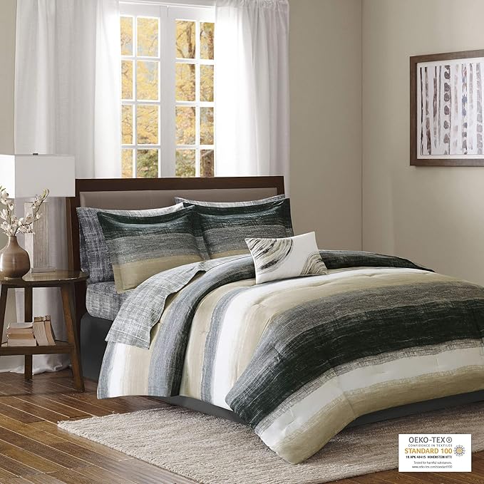 Madison Park Essentials Queen Comforter Set, Bed in a Bag Queen, Watercolor Print Coastal Comforter & Chambray Cotton Sheet Set, All Season Bedding Set, Saben, Taupe Queen (90 in x 90 in) 9 Piece
