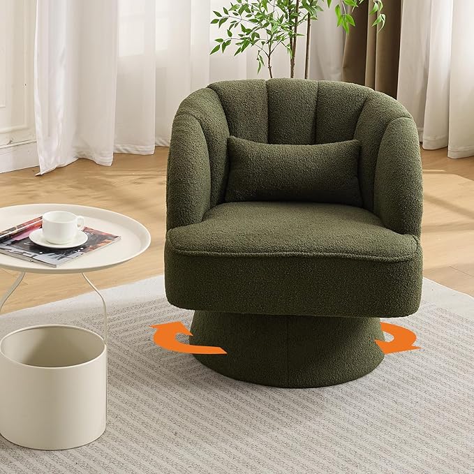 GarveeHome Modern Swivel Barrel Accent Chair, 360° Teddy Fabric Upholstered Armchair with Striped Backrest & Plush Padding, Comfy Round Lounge Chair for Living Room, Bedroom, Reading Nook, Green 2 PCS