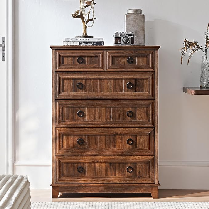 Farmhouse 6 Drawer Dresser for Bedroom, 41" Tall Small Dressers & Chest of Drawers, Rustic Wood Dresser with Metal Handle, Storage Organizer Closet for Living Room, Hallway, Entryway