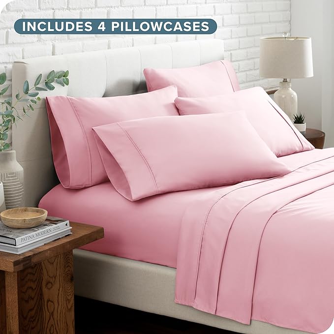 Bare Home Hotel Luxury Queen Sheet Set, Extra Soft - 6 Piece Set - Deep Pockets - Easy Fit - Cooling & Breathable - Wrinkle, Fade, Stain Resistant - Includes 4 Pillowcases (Queen, Light Pink)
