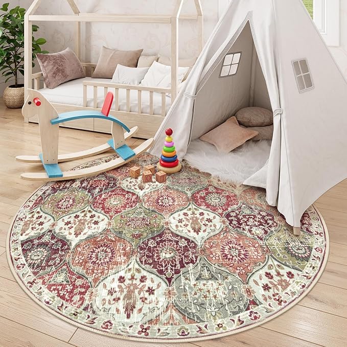 Lahome Moroccan Trellis Round Area Rugs, Washable Small Round Rug 3ft Non-Slip, Soft Vintage Ultra-Thin Circle Carpet for Bedroom Entryway Kitchen Laundry Bathroom, Orange/Terracotta