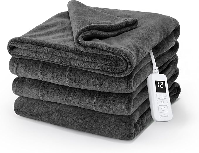 Sunbeam Electric Royal Luxe Microplush Heated Blanket, 12 Heat Settings, 12-Hour Auto Shut-Off, Fast Heating, Warm & Cozy, Machine Washable, Night Fog Color, Twin (84" x 62")