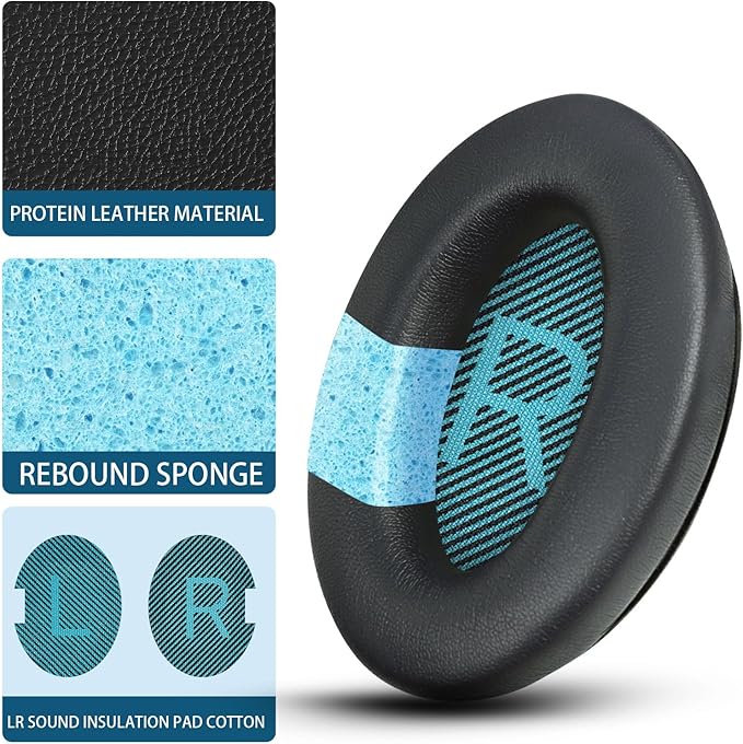 Headphones Replacement Ear Pads, Soft Protein Leather earpad Cushions for AE2/QuietComfort 15/QC25 Headphones, Noise Isolation Memory Foam, Cloud Like Comfort - Black