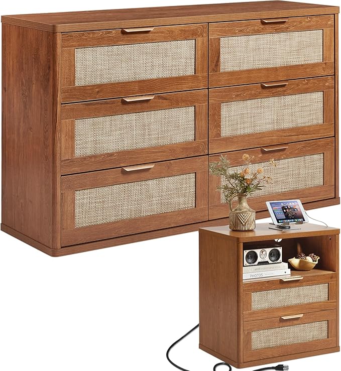 LEYAOYAO Rattan Dresser and Nightstand Set of 2, Boho Wood Dresser for Bedroom with 6 Drawers and Night Stand with Charging Station, Bedroom Furniture, Dressers & Chests of Drawers,Living Room,Hallway