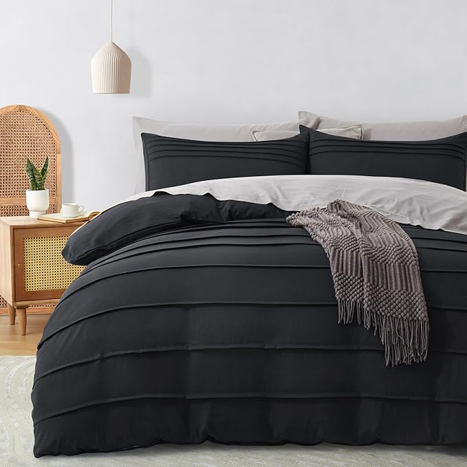 Oli Anderson Black Duvet Cover King Size - Pleated King Duvet Cover, 3PCS Soft and Breathable Textured Bedding Set with Zipper Closure(Black,104"x90")