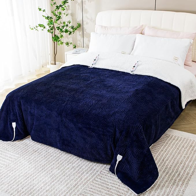 Heated Blanket Queen Size - 84"x90" Cozy Soft Jacquard Heating Blanket with 4 Heat Levels & 10 Hours Auto-Off, Jacquard Fleece, Overheating Protection, Warm Gifts, Navy