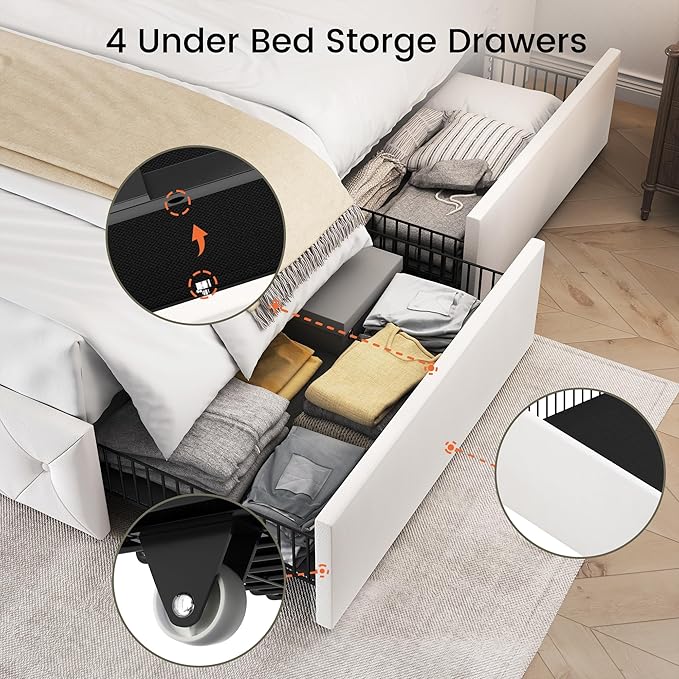LARMACE Queen Size Bed Frame with 4 Storage Drawers and Wingback Headboard Velvet Upholstered Platform Bed Frame Tufted Beds with Wooden Slats Support, Easy Assembly, White