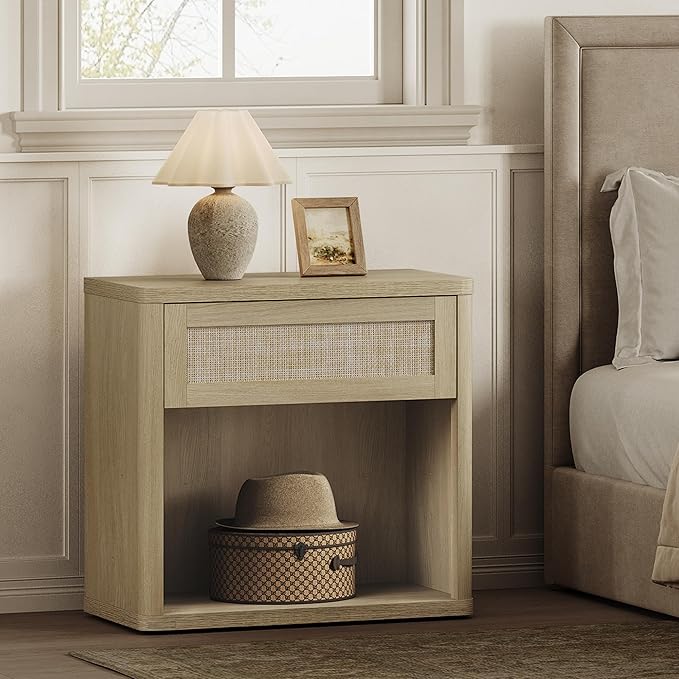 SICOTAS Night Stand 26" Wide Large Nightstands with Drawer & Shelf Storage Rattan Bedside Table Boho End Table Tall Bed Side Tables Night Stands for Bedroom Living Room Sofa Office Dorm, Sand Oak