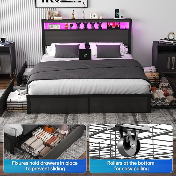 Fabuils Full Size Bed Frame with Storage, LED Wood Bed Platform with Headboard, 4 Drawers, Charging Station, No Box Spring Needed, Metal Support Base,Charcoal Grey