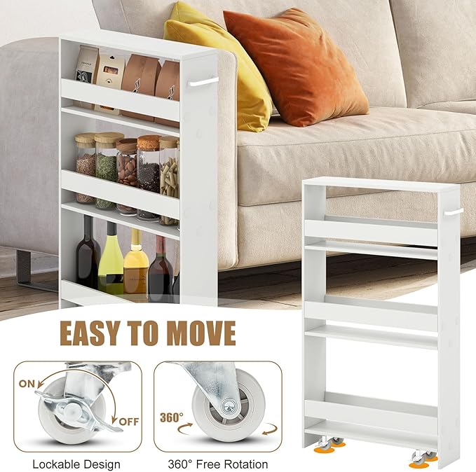Giantex Slim Storage Cart 4 Tier, Rolling Narrow Island Cart, Side Cabinet w/Handle, Space Saving Trolley, Kitchen Utility Cart Tower Rack for Dining Room Laundry Room Bathroom, White
