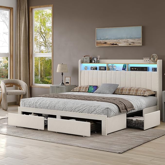 King Size Bed Frame with LED Light and Charging Station, Upholstered Bed Frame with 4 Drawers and 2-Tier Storage Headboard, Easy Assembly, Wooden Slats Support, No Box Spring Needed