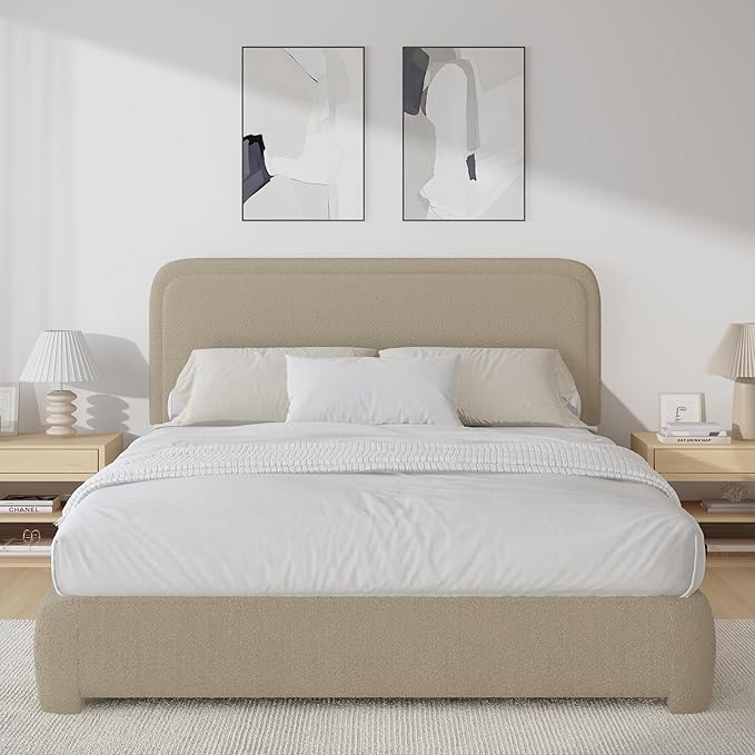 BarnFurin Queen Bed Frame with Headboard, Boucle Upholstered Platform Bed Frame, Luxurious Soft Rounded Corners, No Box Spring Required, Easy Assembly, Beige