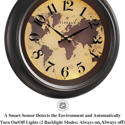 CLXEAST 18 Inch Illuminated Wall Clock with Smart LED Light Sensor, Large Modern World Map Wall Clocks for Living Room Decor,Oil Rubbed Bronze,Unique House Warming Gifts