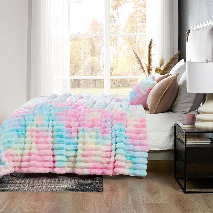 Cozy Bliss Faux Fur Throw Blanket for Couch, Cozy Warm Plush Striped Blanket for Sofa Bedroom Living Room, 108 * 90 Inches Tie-dye Rainbow