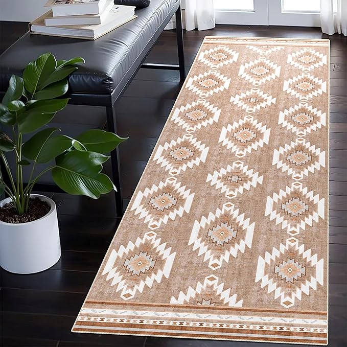 Runner Rug 2x10 Machine Washable Rug with Non-Slip Backing, Ideal for Kitchen Hallway Entryway Laundry Room - Western Style, Durable, Easy Clean, Low Pile Carpet Runner, Camel