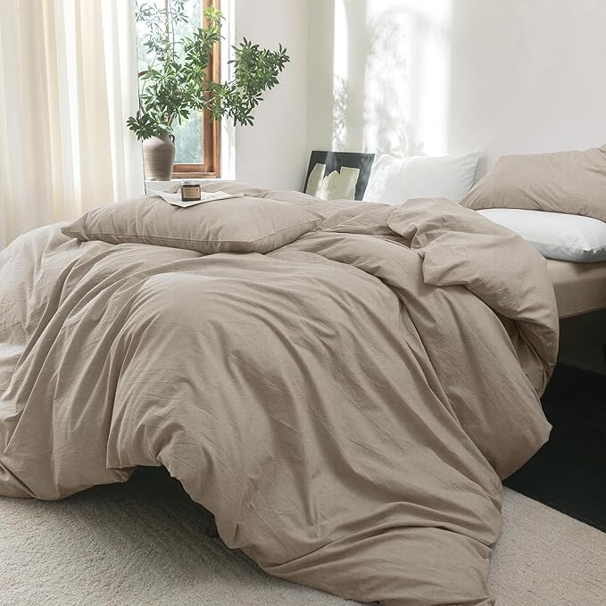 FOSSA Duvet Cover Set 100% Washed Cotton Linen Feel Super Soft Breathable Cozy 3 Pieces Bedding Sets Solid Tannish Linen Grey Queen