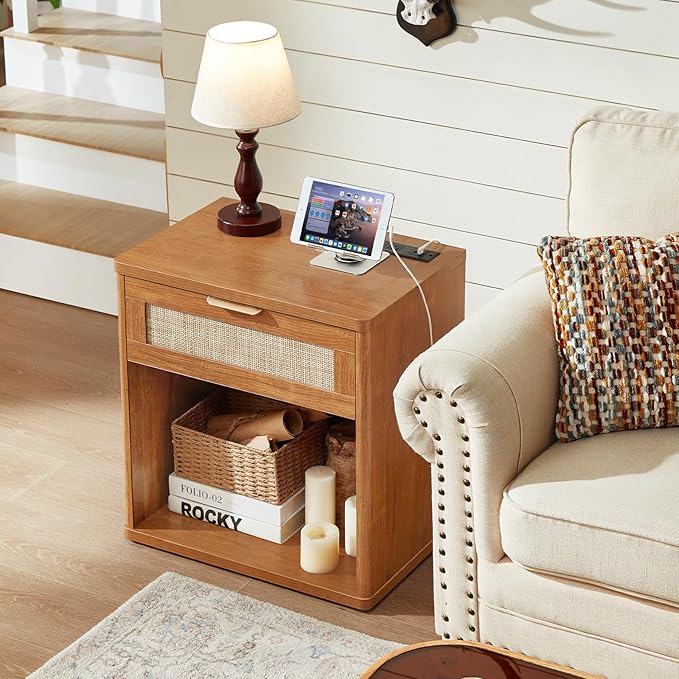 LEYAOYAO Rattan Dresser and Nightstand Set of 2, Boho Wood Dresser for Bedroom with 6 Drawers and Night Stand with Charging Station, Bedroom Furniture, Dressers & Chests of Drawers,Living Room,Hallway