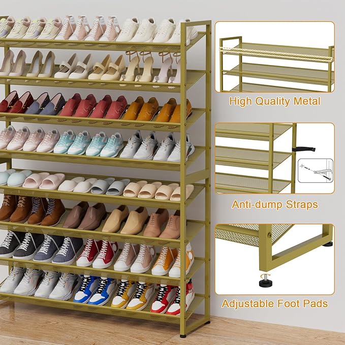 Large Shoe Rack 8 Tier Shoe Organizer, Heavy Duty Metal 4-Tier Stackable Shoe Storage Vertical Shoe Rack for Closet Front Door Entrance, Up to 50 Pairs, 44.8" W x 11.4" D x 56.7" H, Gold