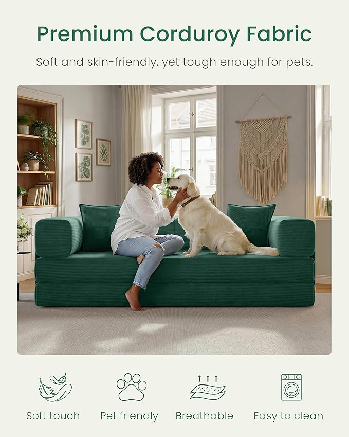 78.8" Convertible Sofa Bed,Corduroy Futon Couch with Storage Pocket,Folding Pull Out Futon Sofa,No Assembly Boneless Couch for Living Room, Emerald Green | Convertible Sofa Bed, Boneless Couch, sofa for living room, sleeper sofa, modular sofa