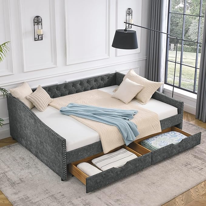 Favfurish Queen Size Daybed with Two Drawers, Upholstered Tufted Sofa Bed with Button on Back and Copper Nail on Waved Shape Arms for Small Space,Livingroom,Bedroom,Grey (84.5"x63.5"x26.5")