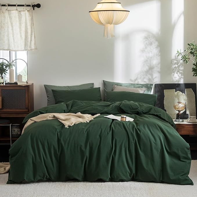 FOSSA Duvet Cover Set 100% Washed Cotton Linen Feel Super Soft Breathable Cozy 3 Pieces Bedding Sets Solid Forest Green Oversized King Plus