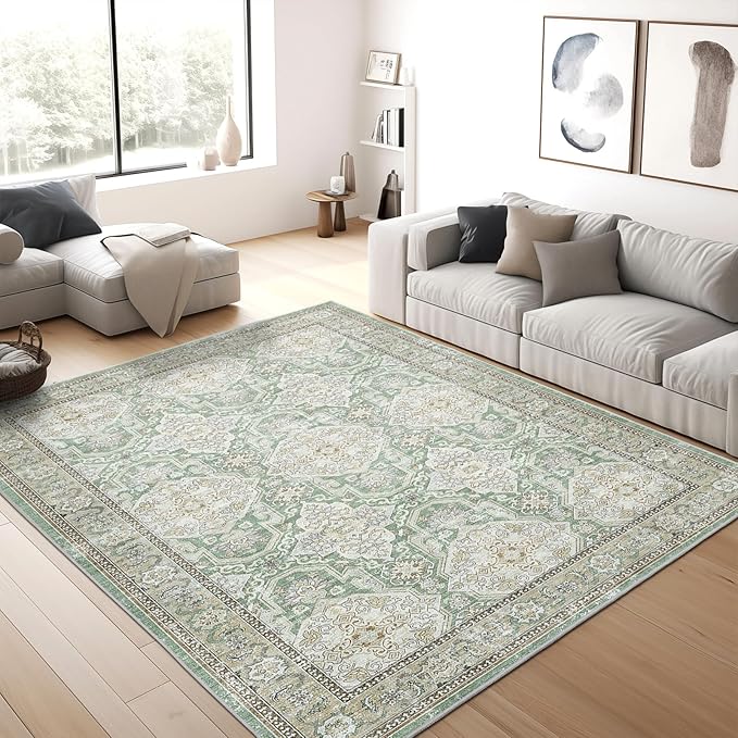 8x10 Area Rugs, Washable Rugs, Large Stain Resistant Area Rug for Living Room Bedroom Dining Room, Vintage Farmhouse Rug Green