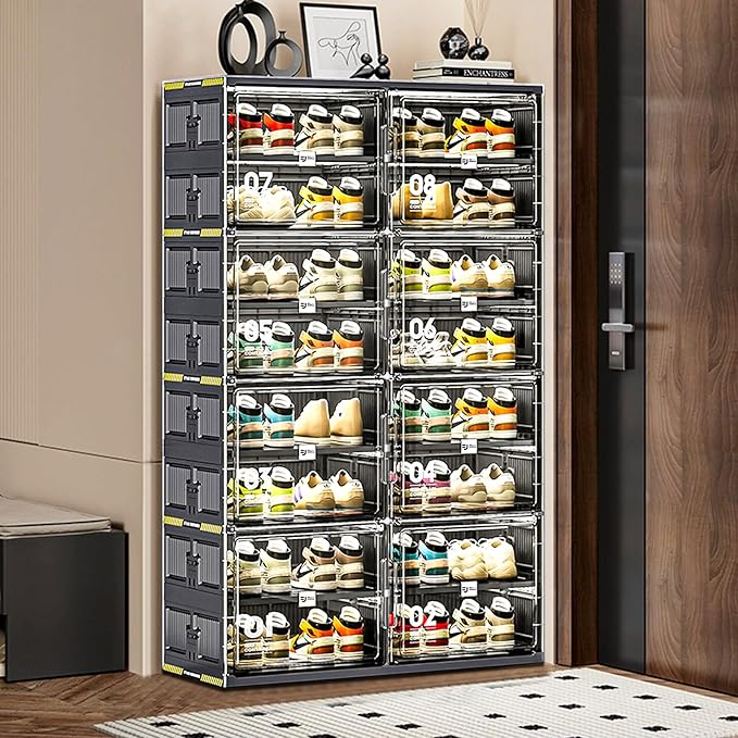 32 Pairs Portable Shoe Storage Cabinent of 3-Step Fast Installation,Plastic Shoe Box with Magnetic Clear Door for Entryway, Enclosed Shoe Rack for Sneaker, Heels etc.. (2Row, 8Tier)