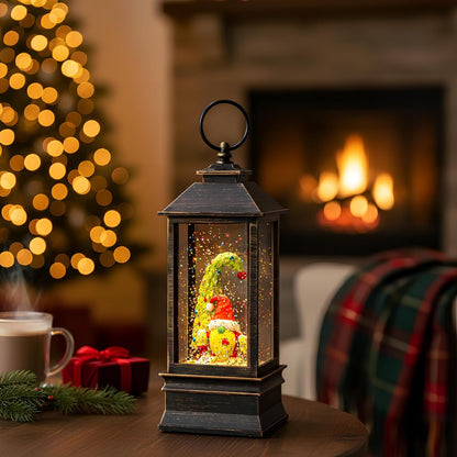 10'' Christmas Gnomes Snow Globe Lantern Lighted Santa Elf Musical Water Lantern Swirling Glittering Home Decoration and Gift, Battery Operated or USB Powered
