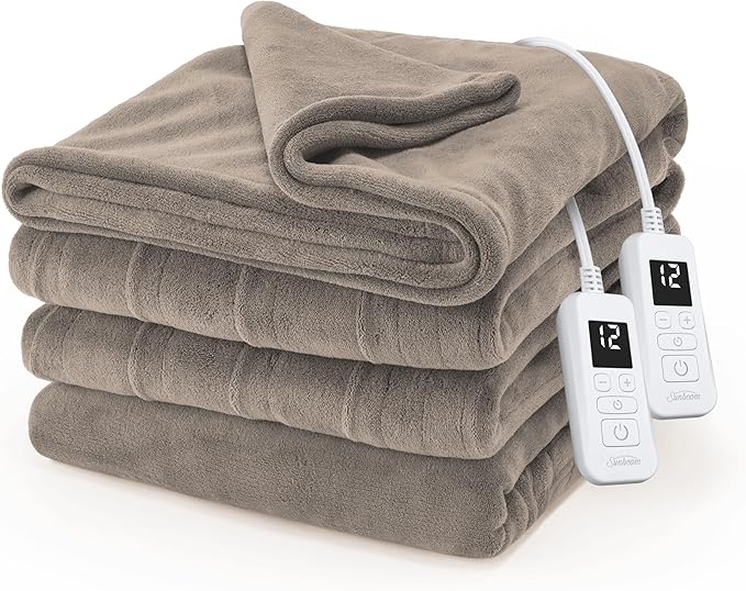 Sunbeam Electric Royal Luxe Microplush Heated Blanket, 12 Heat Settings, 12-Hour Auto Shut-Off, Fast Heating, Warm & Cozy, Machine Washable, Mushroom Color, King (90" x 100")