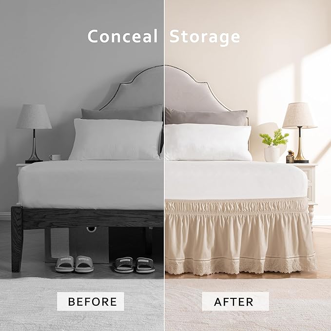 MIYE Wrap Around Ruffled Lace Bed Skirt, Elastic Dust Ruffle with Adjustable Belts, Easy to Put On, Bed Frame Cover, Machine Washable (Embroidered/Beige, Full/Twin-12.5" Drop)