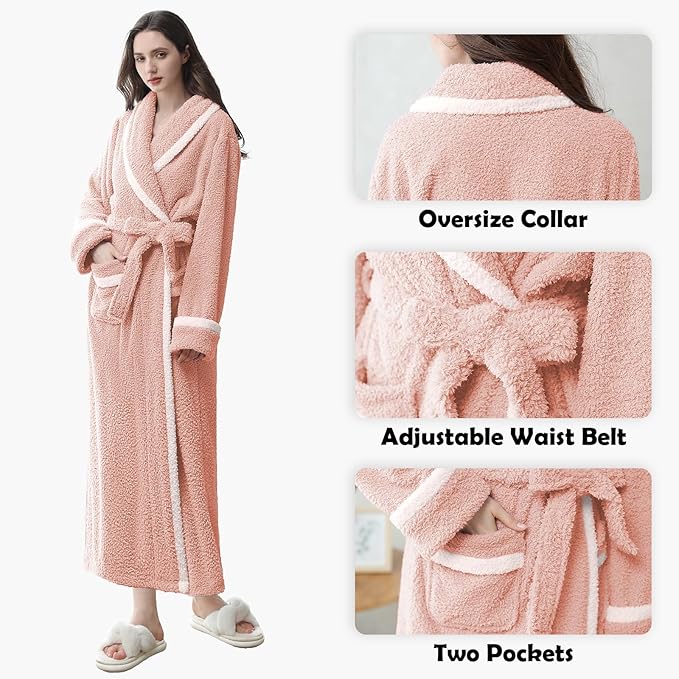 Oksun Womens Long Fleece Robe: Soft Fluffy Warm Bathrobe - Cozy Winter Housecoat Nigthgown with Chic Piping