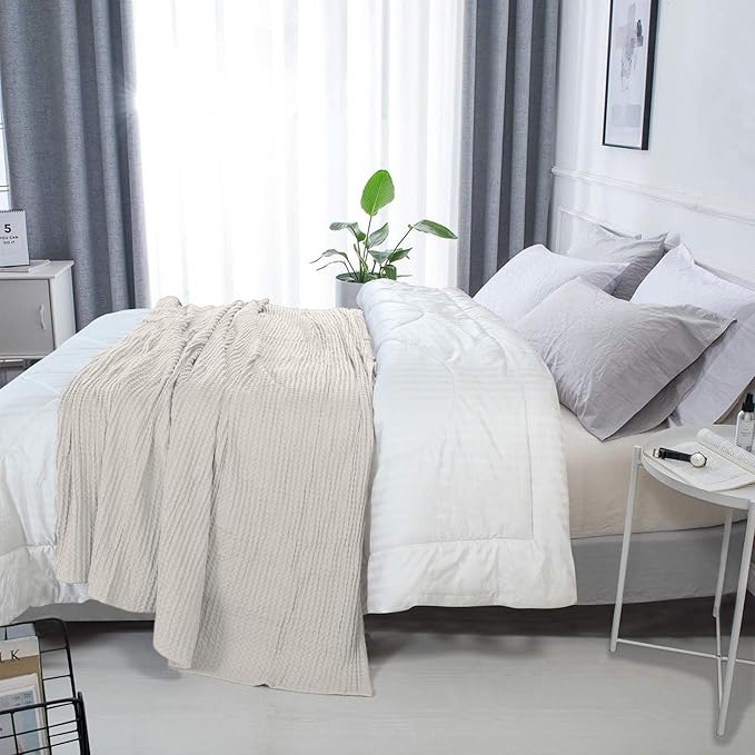 HILLFAIR 100% Combed Cotton Blanket– Queen Size Bed Blanket– Warm Soft All Season Breathable Lightweight Summer Blankets– Waffle Weave Home Decor Bed Blanket- Ivory Queen Bed Cotton Blankets/Bedcover