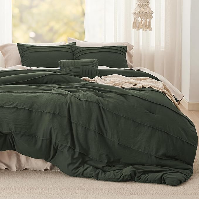 Bedsure King Comforter Set - 4 Pieces Pinch Pleat Bed Set, Olive Green Boho Bedding for All Season, 1 Soft Comforter, 2 Pillowcases, 1 Decorative Pillow