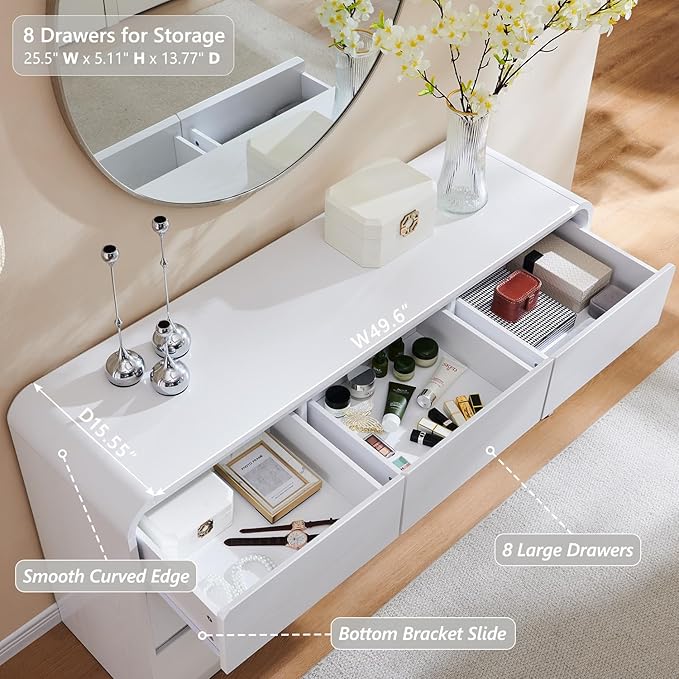 Modern 8 Drawers Dresser for Bedroom, 55" Wide Dressers & Chest of Drawers w/Curved Profile Design, Wood Mid Century Storage Dressers Organizer for Bedroom, Living Room, White