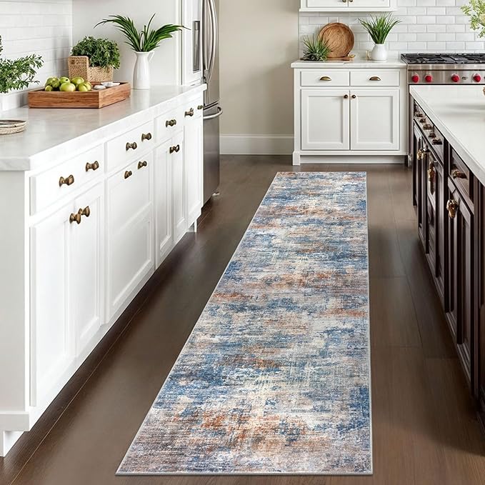 IOHOUZE Abstract Runner Rug 2x10 Ft Washable Runners for Hallways, Non Slip Kitchen Runner Printed Faux Wool Entryway Runner Indoor, Modern Abstract Floor Carpet for Hall Kitchen, Blue Rust