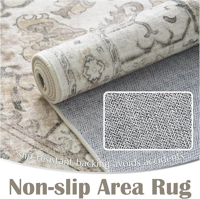 jinchan 4x6 Machine Washable Area Rug Ultra-Thin Soft Throw Rug Low Pile Non-Slip Stain Resistant Distressed Vintage Floral Carpet for Bedroom, Living Room, Dining Room, Kitchen, Nursery(4x6ft, Taupe)