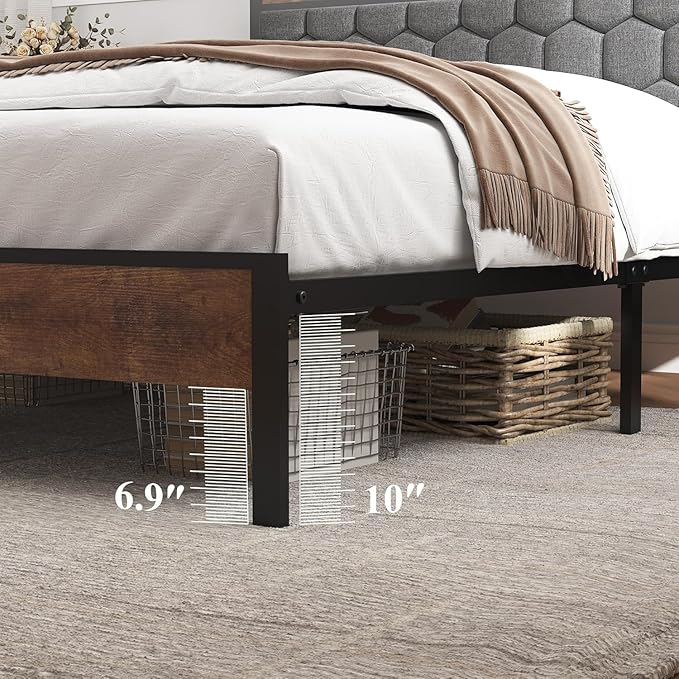 King Size Bed Frame with Storage Headboard & Charging Station, Platform Bedframe with LED Lights, Upholstered Headboard, Metal Slat Support, No Box Spring Needed