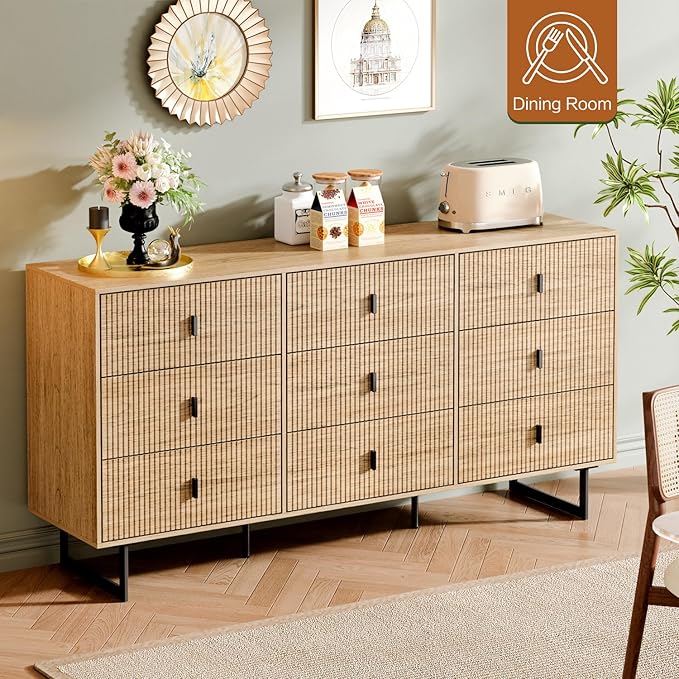 Modern Chest of Drawers with 9 Drawers,Deep Drawers,Clothes Organizer,Large Storage Cabinet for Living Room, Bedroom,Hallway,with Anti-Tipping Device, Oak
