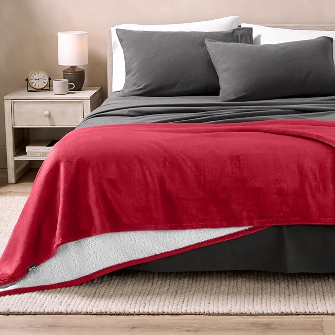 Bare Home Sherpa Fleece Blanket - Twin/Twin Extra Long - Blanket for Bed, Sofa, and Couch - Warm & Lightweight - Fluffy & Soft - Reversible (Twin/Twin XL, Red)