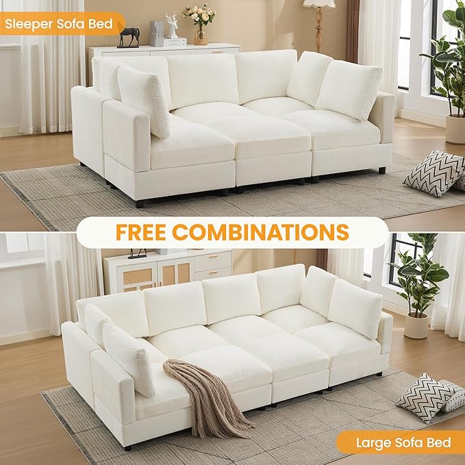 89'' Modular Sectional Cloud Sofa Bed, 6-Seater Convertible Sofa Couch with Ottoman, Modern Deep Seat Sleeper Sofa for Living Room, Chenille Beige