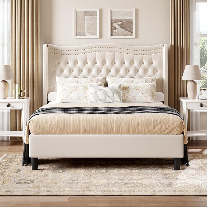 Upholstered Queen Size Bed Frame with Tall Headboard, Velvet Wingback Platform Bed Frame with Deep Button Tufted, No Box Spring Needed, Noise Free, Beige
