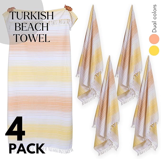 Native Fab Turkish Stripe Beach Towels 4 Pack - 40x71 Inch 100% Cotton Quick Dry Lightweight Thin Sand Free - Extra Large Peshtemal Towel for Adults Travel Bath Spa Pool Gym Camp, Yellow