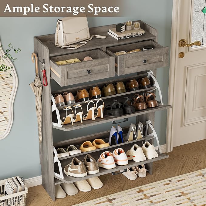 Shoe Storage Cabinet for Entryway, Farmhouse Narrow Shoe Cabinet with 2 Flip Drawers & Top Drawers, Adjustable Shelves & Hooks, Freestanding Hidden Rack Organizer for Hallway, Foyer