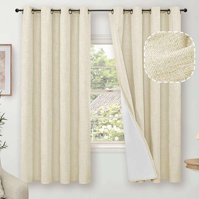 Cream 100% Blackout Curtains for Bedroom 63 Inch Length 2 Panels, Thermal Insulated Complete Light Blocking Noise Reducing Linen Window Curtains for Nursery, Bronze Grommet, Each 52" Wide